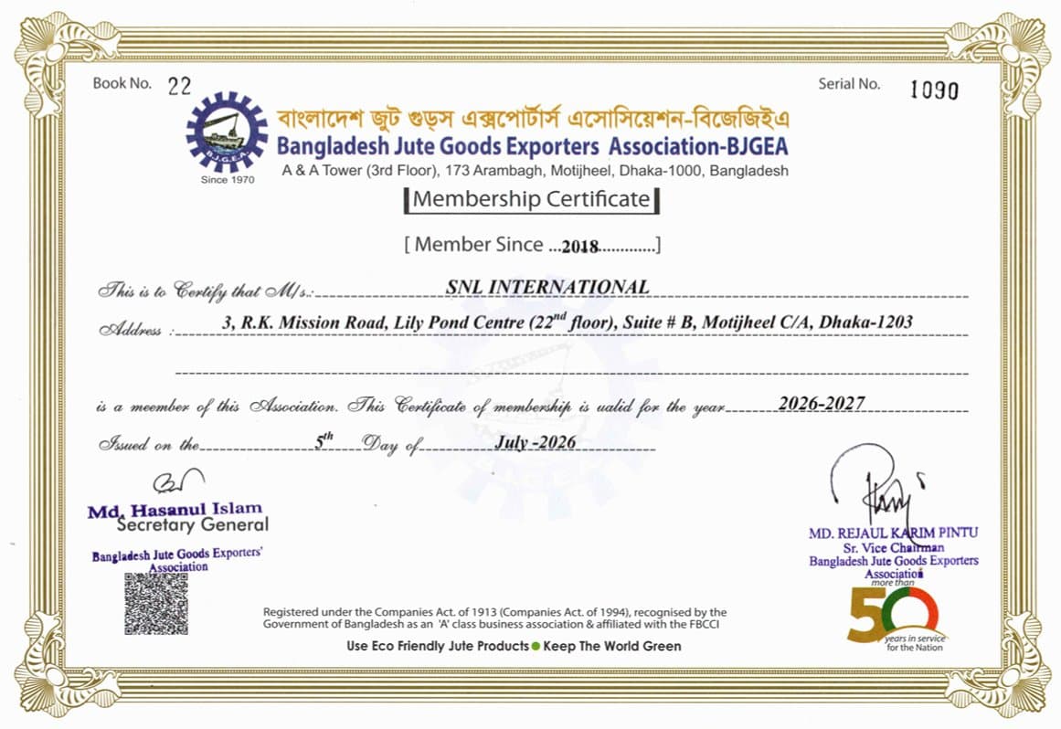 Certified Member Certificate of BJGEA - Bangladesh Jute Goods Exporters Association